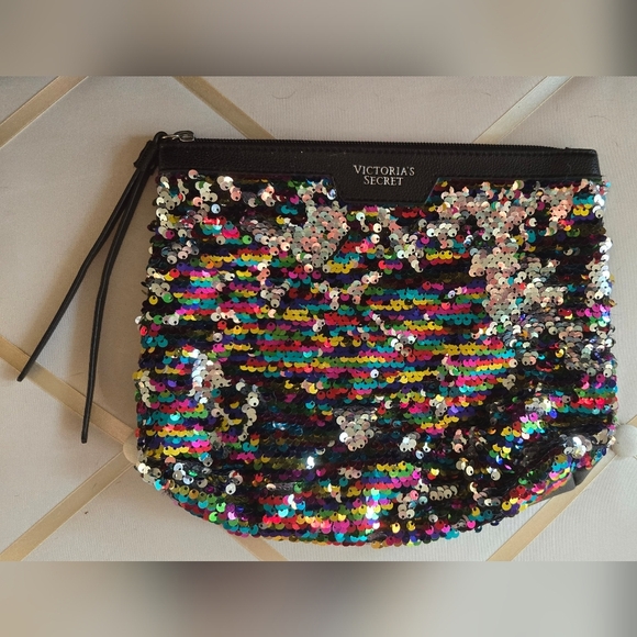 3/$20 Victoria Secret Black Multicolor Sequin Pouch Make Up Bag - Picture 1 of 5